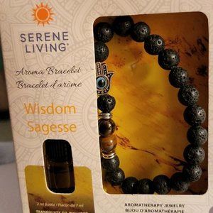 NIB Serene Living Aroma Wisdom Stretch Beaded Bracelet w/Hamsa w/Tranquility Oil